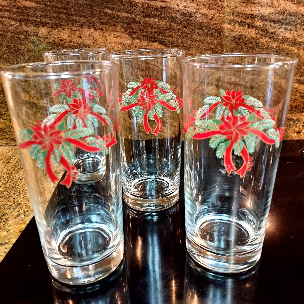 Vintage Anchor hocking Poinsettia & Ribbons glasses 4